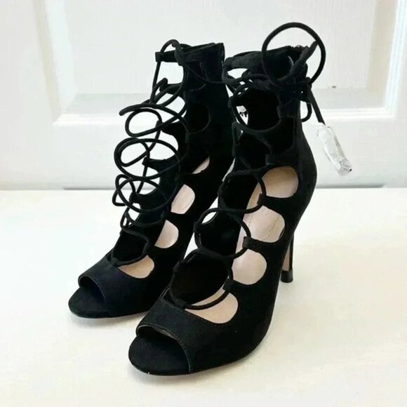 Aldo Sergioa Lace Up Stiletto Heels Peep Toe Black Micro Suede Size 7.5 - Picture 5 of 16